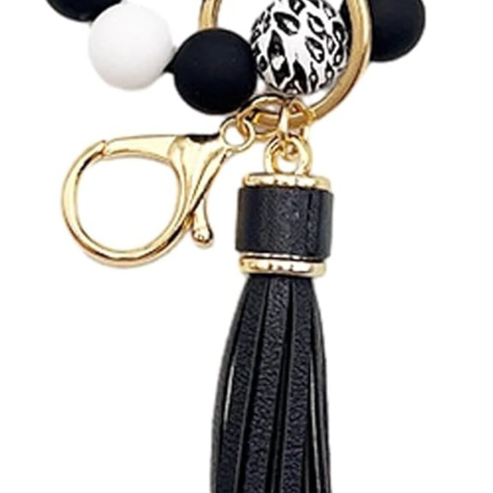 Wristlet Bracelet Keychain for Women,Silicone/Wood Cross Leopard Beaded Bracelet - Picture 1 of 9